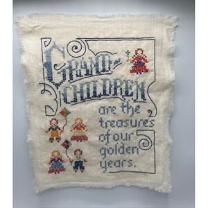 Vintage Grandchildren Treasures‎ Handcrafted Cross Stitch Linen Wall Hanging Art